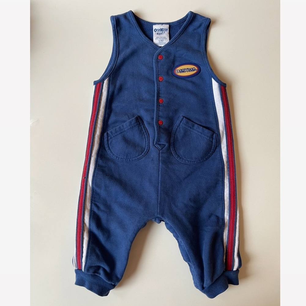 Vintage OshKosh B’gosh blue racing romper overalls jumpsuit - 12 months
